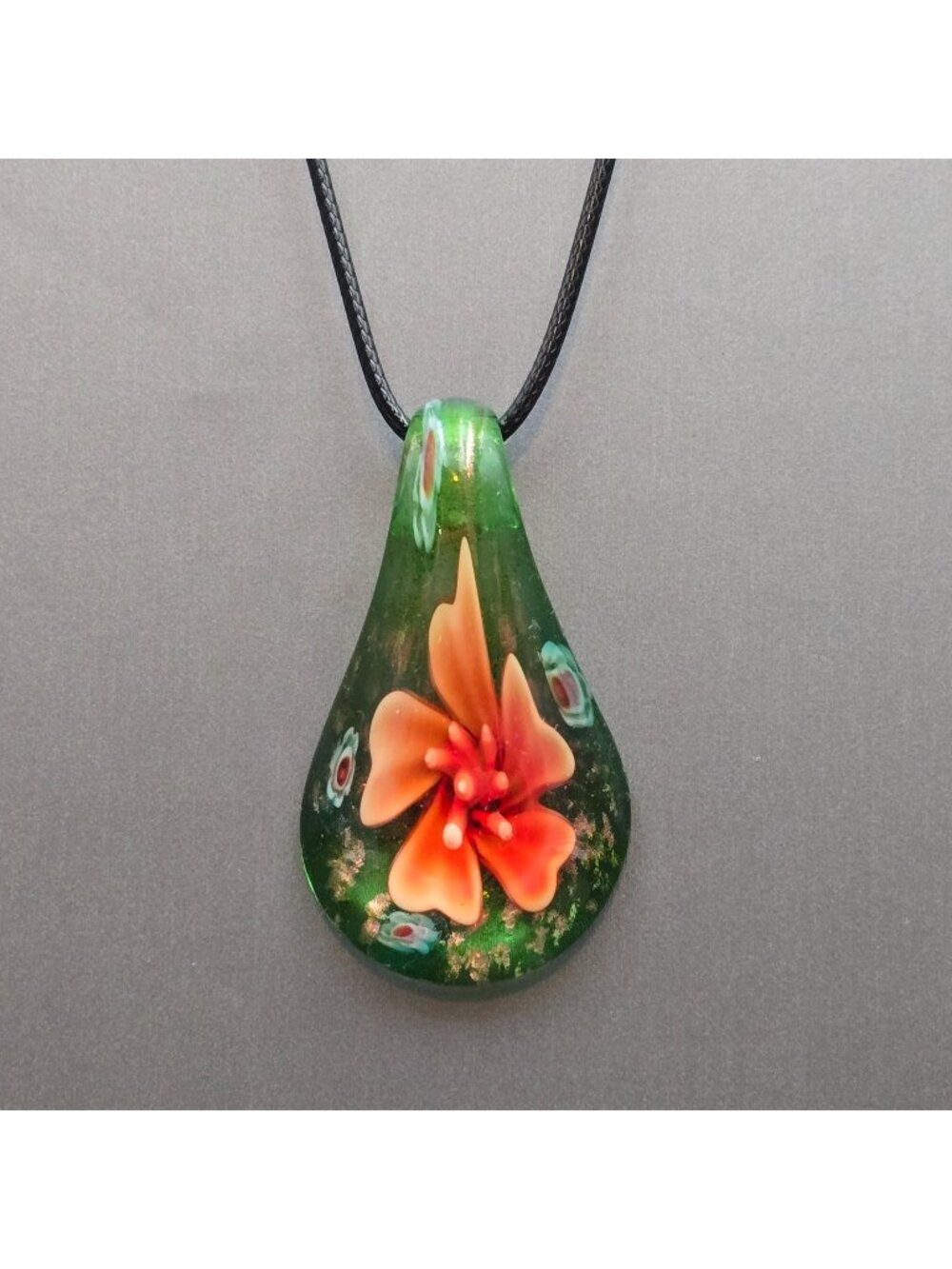 Artisan Glass Teardrop Pendant Necklace Orange Floral Millefiori Gold Foil